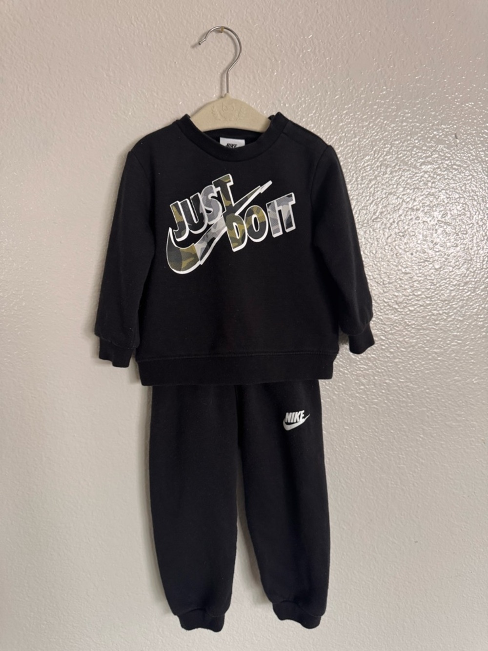 Nike Black Sweatshirt & Joggers Set with Camo 'Just Do It' Logo